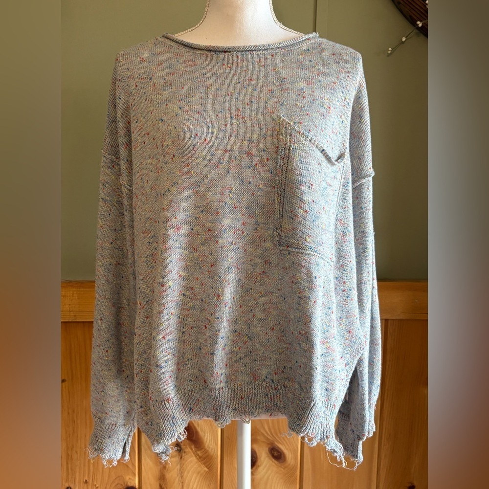 Altar'd State Slouchy Chewed Hem Sweater Women M Gray/Blue Rainbow Confetti Boho
